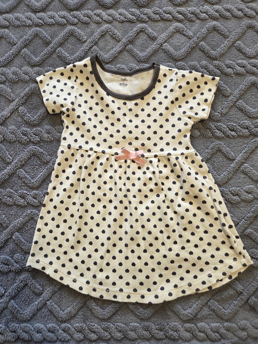 5T Polka Dot Cream Girls' Dress with Pink Bow Accent, 100% Organic Cotton
